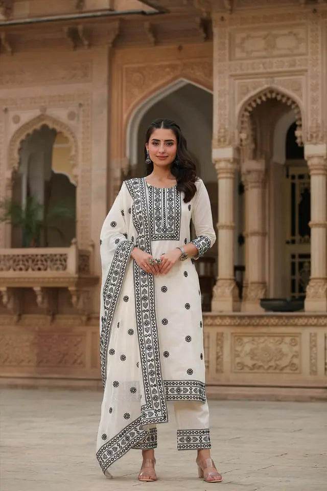 Motif Calf Length Cotton Woven Salwar Kurta Dupatta Set - Eraya