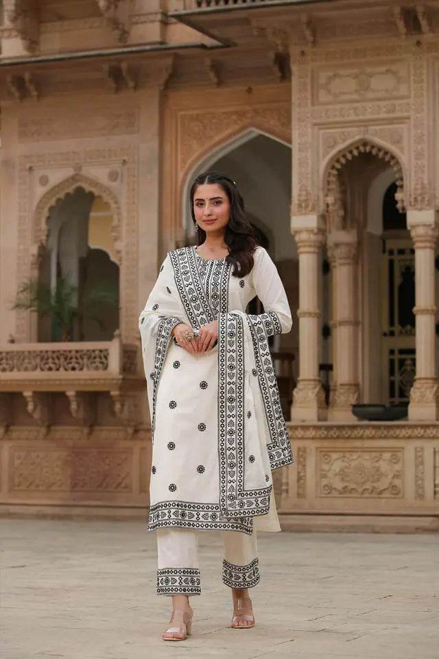 Motif Calf Length Cotton Woven Salwar Kurta Dupatta Set - Eraya