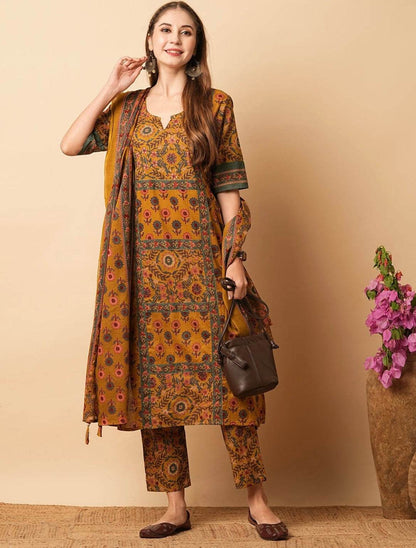 Mustard yellow floral printed panelled beads cotton kurta set - Eraya