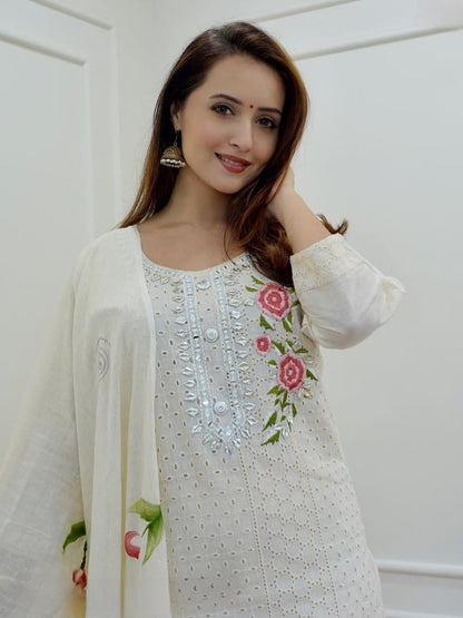 Premium chikankari schiffli kurti set