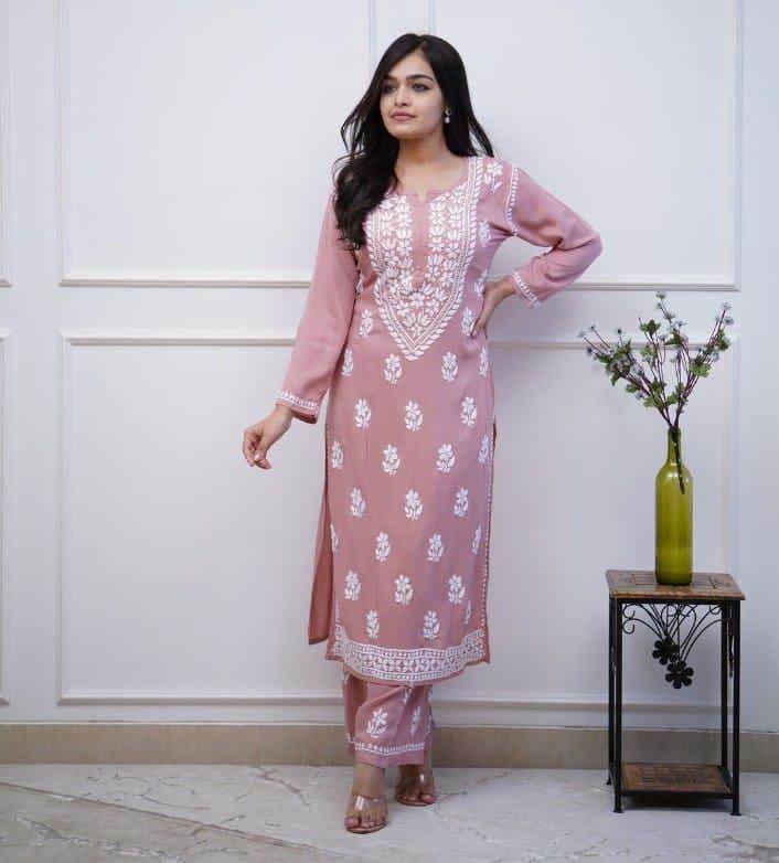 Heavy chikan work co-ordinated kurti pant set - Eraya