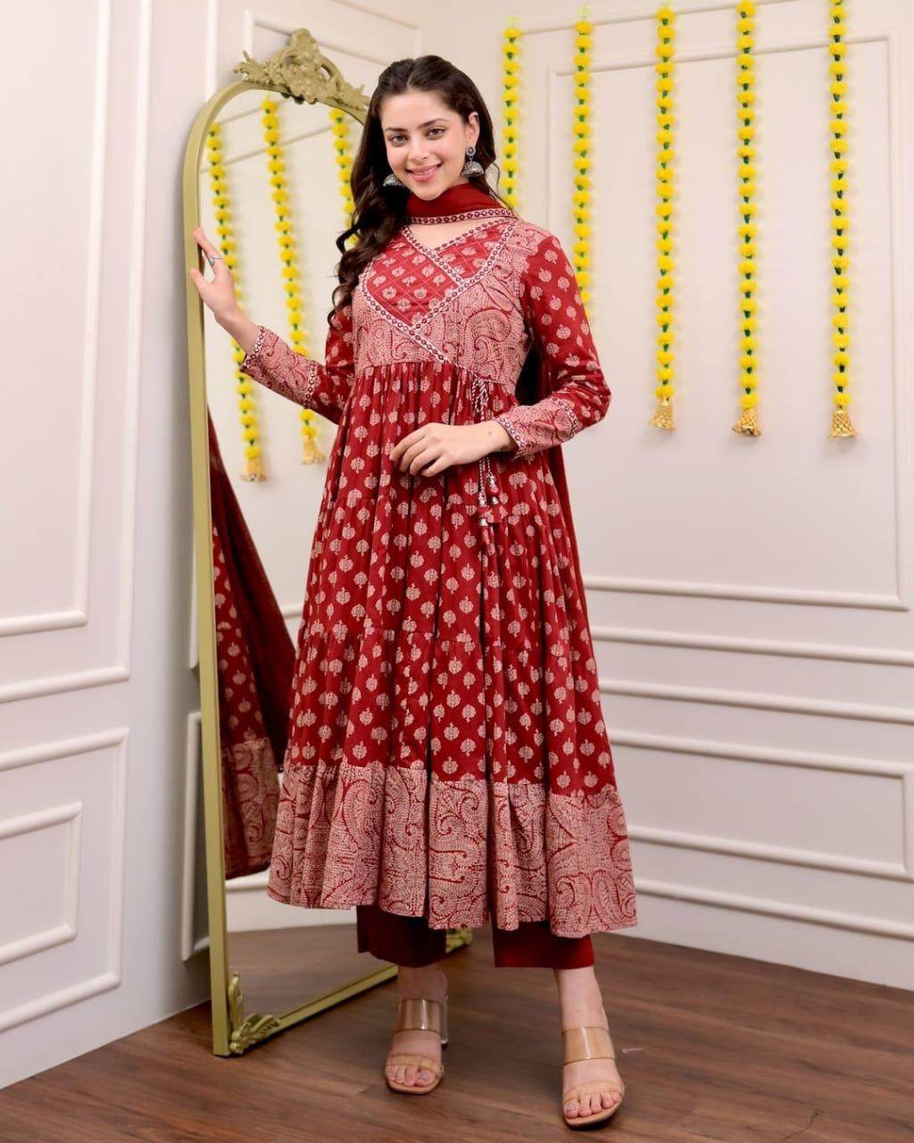 Beautiful red rose anarkali suit set - Eraya