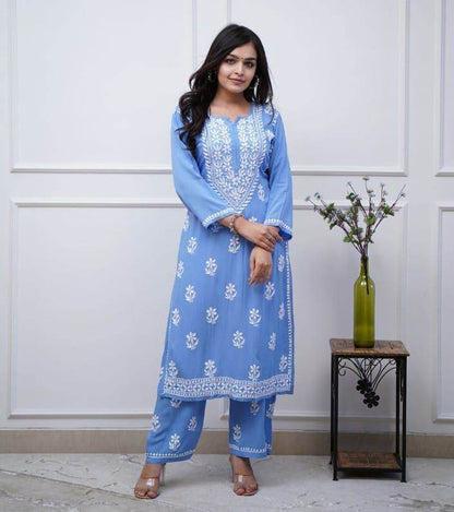 Heavy chikan work co-ordinated kurti pant set - Eraya