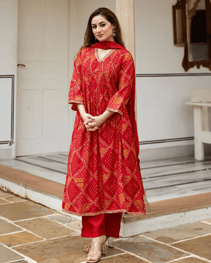 Pintex work beautiful bandhani print three piece kurti set - Eraya