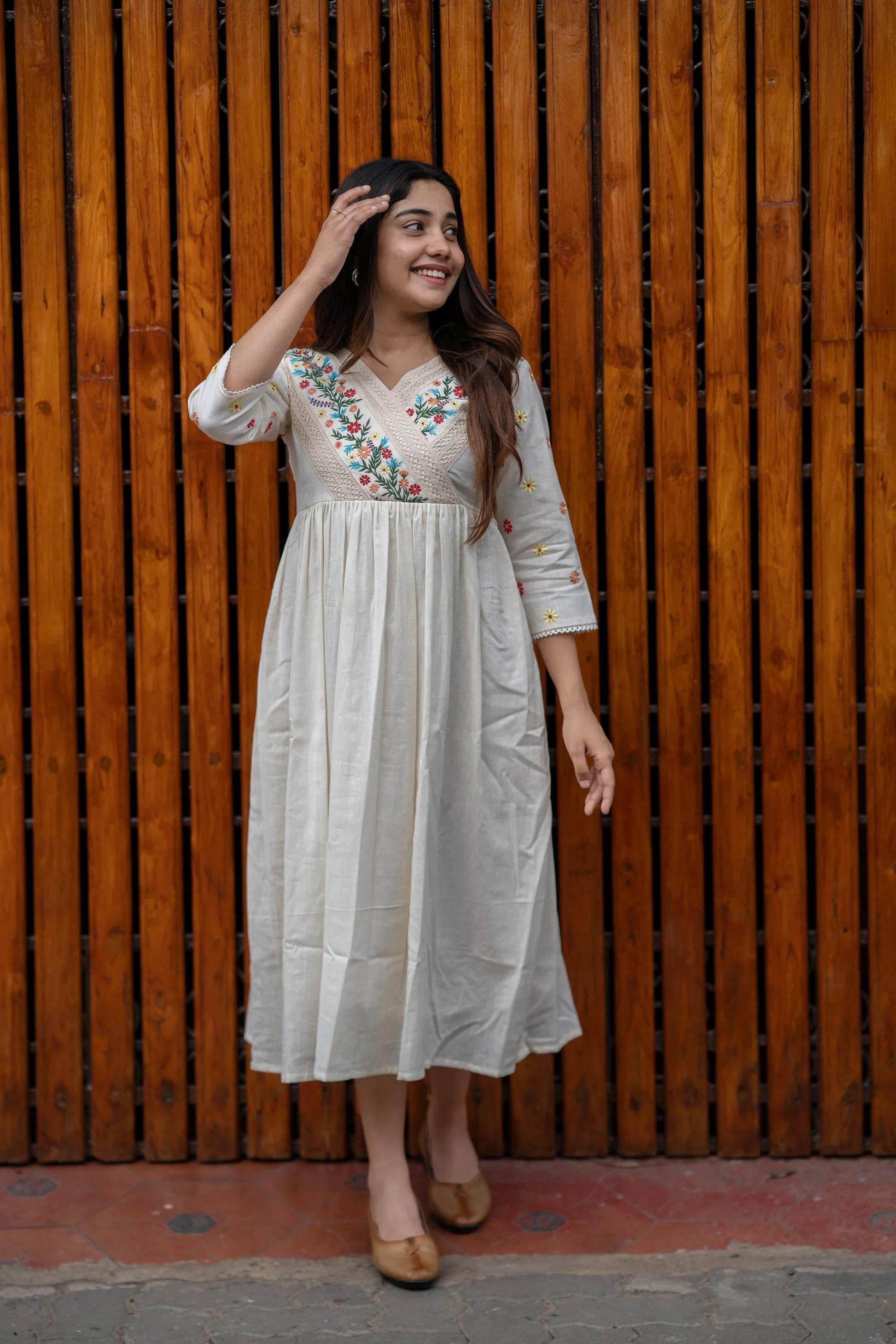 Beautiful floral embroidered cotton off-white midi dress - Eraya