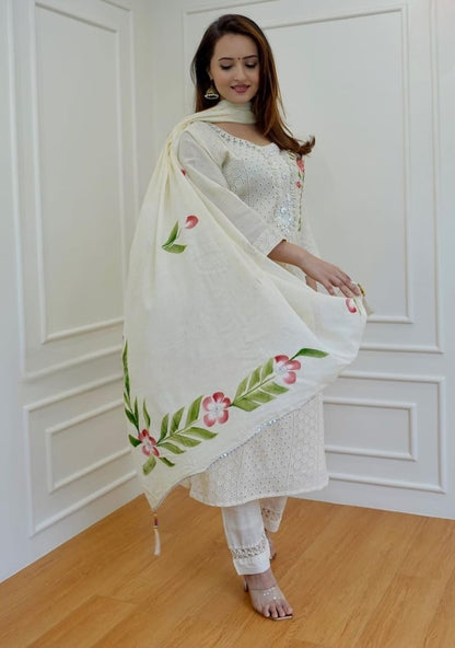 Premium chikankari schiffli kurti set