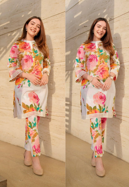 Floral White Kurta Pants Set