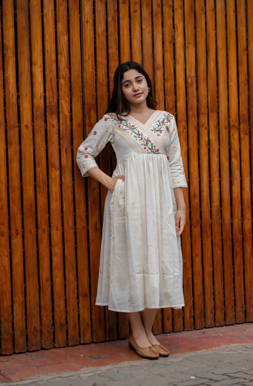 Beautiful floral embroidered cotton off-white midi dress - Eraya