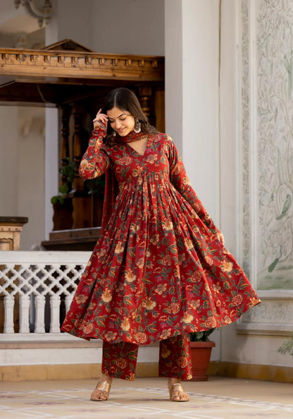 Beautiful floral print cotton anarkali, pant and dupatta set