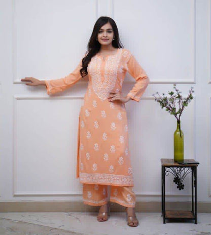 Heavy chikan work co-ordinated kurti pant set - Eraya