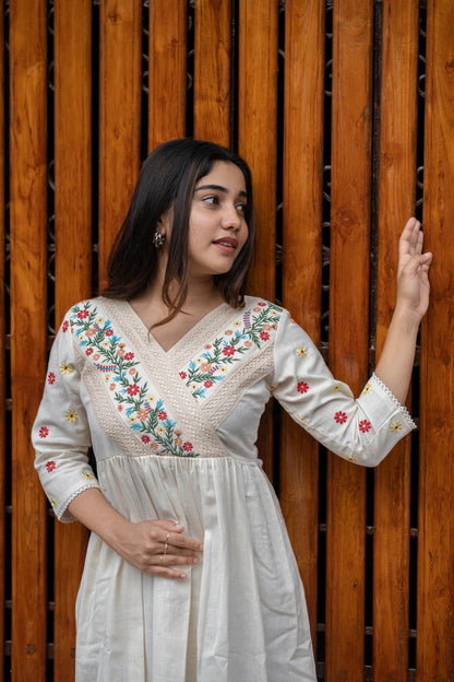 Beautiful floral embroidered cotton off-white midi dress - Eraya