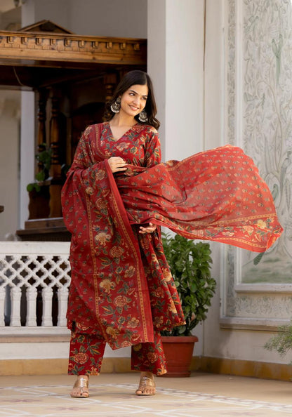 Beautiful floral print cotton anarkali, pant and dupatta set