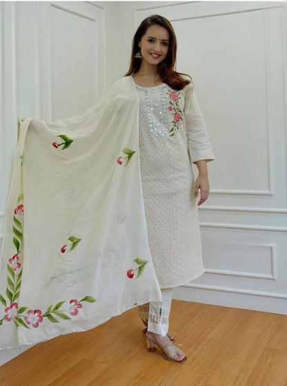 Premium chikankari schiffli kurti set