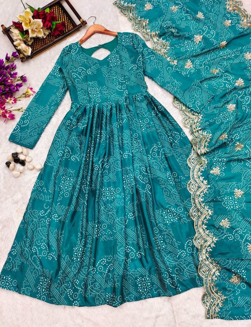 Classy green bandhani print three piece anarkali set - Eraya