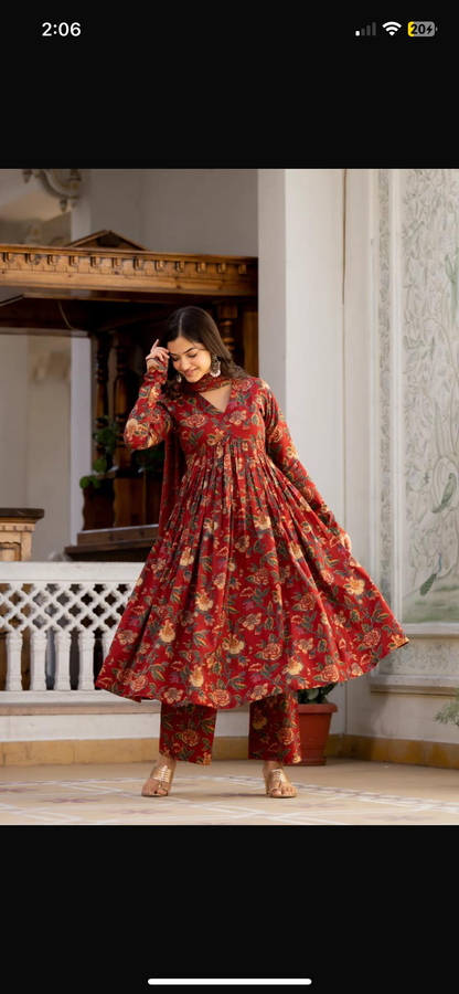 Beautiful floral print cotton anarkali, pant and dupatta set