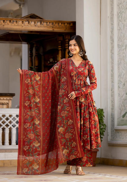 Beautiful floral print cotton anarkali, pant and dupatta set