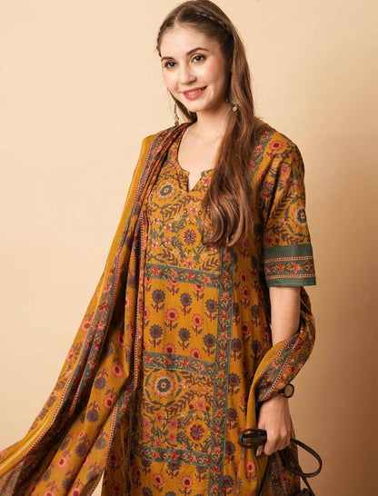 Mustard yellow floral printed panelled beads cotton kurta set - Eraya