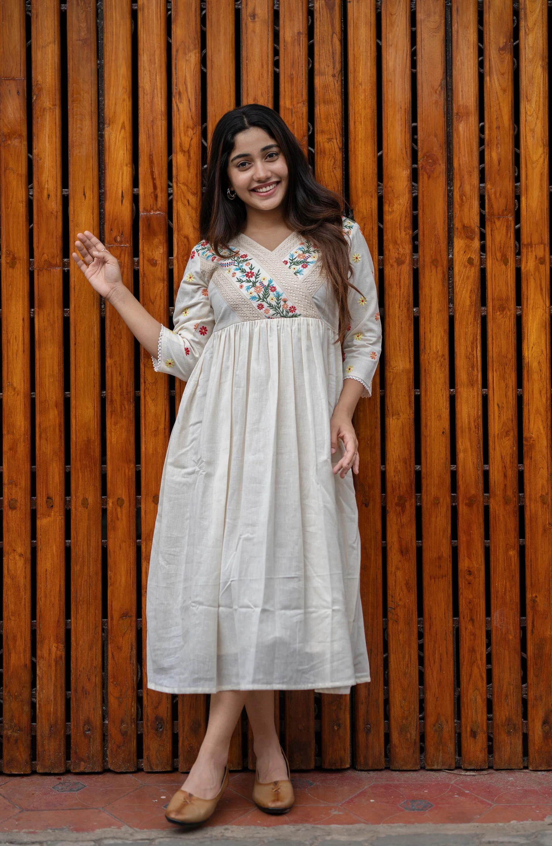 Beautiful floral embroidered cotton off-white midi dress - Eraya