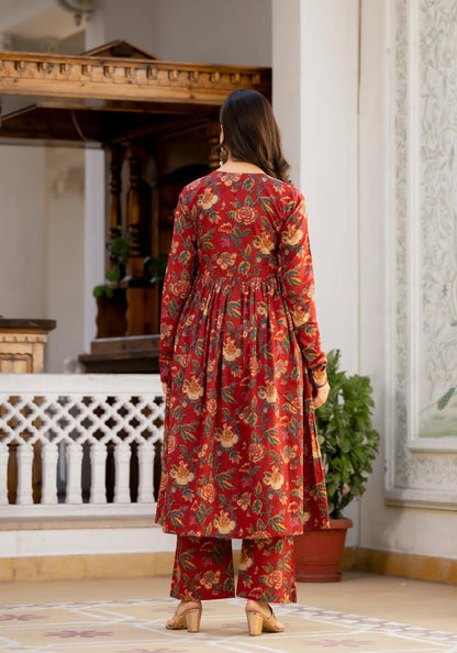 Beautiful floral print cotton anarkali, pant and dupatta set