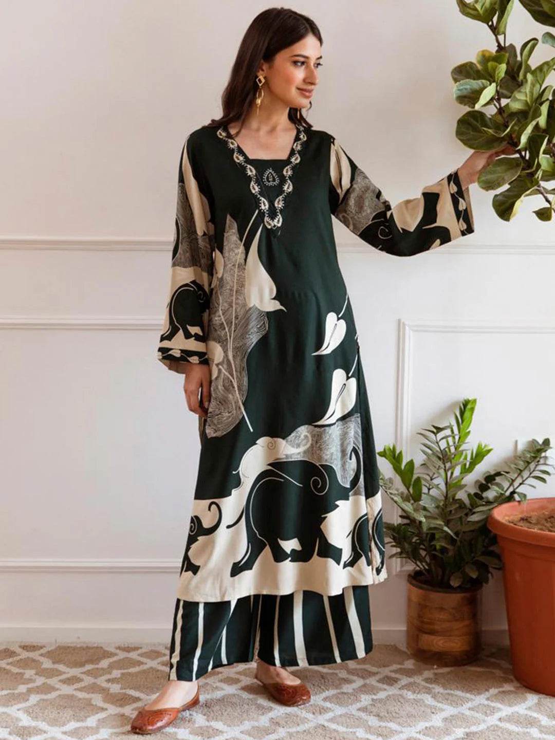 The vintage printed A-line kurta-plazzo set - Eraya