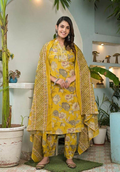 Floral printed mirror embellished straight kurta set - Eraya