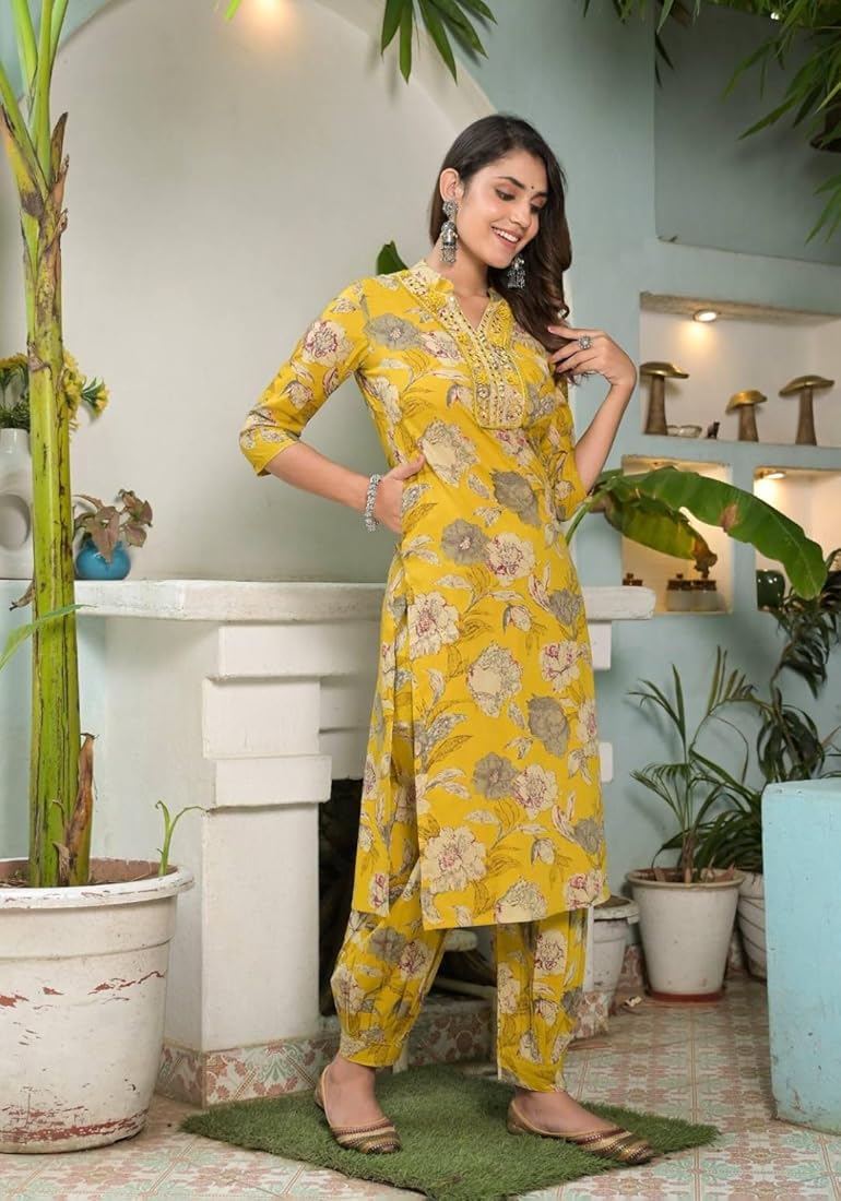 Floral printed mirror embellished straight kurta set