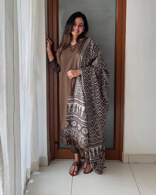 Brown khadi-cotton three piece kurti set