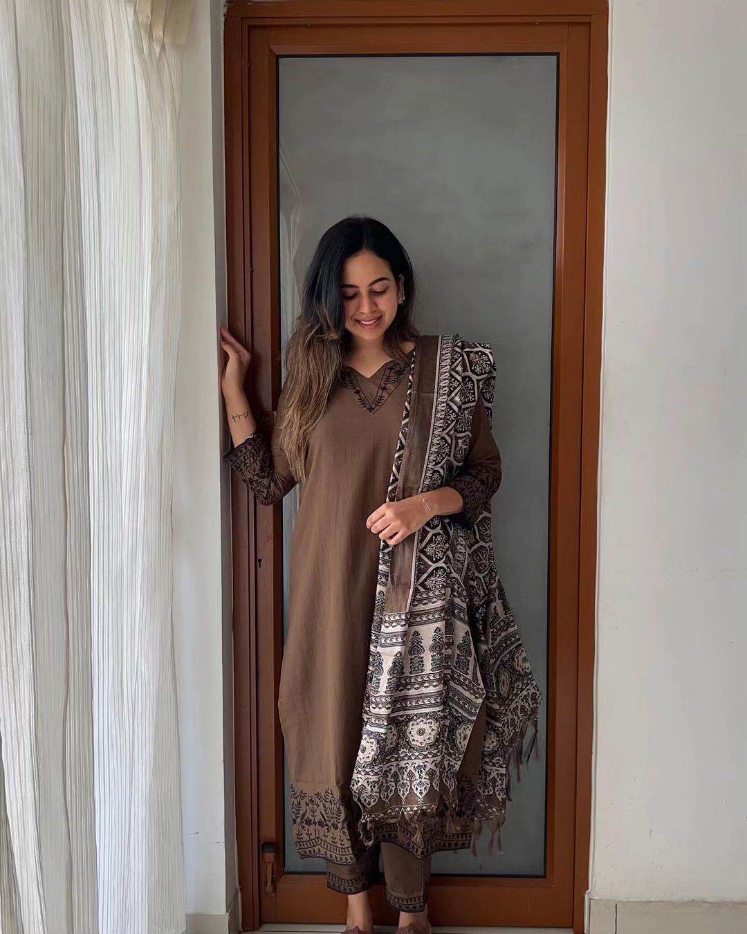 Brown khadi-cotton three piece kurti set - Eraya