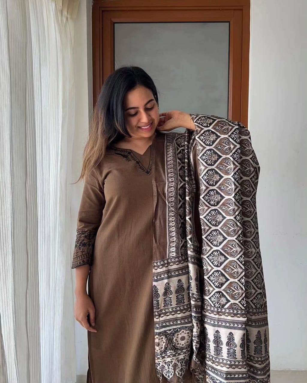 Brown khadi-cotton three piece kurti set - Eraya