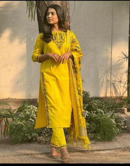 Pure cotton slub embroidered three piece kurti set - Eraya