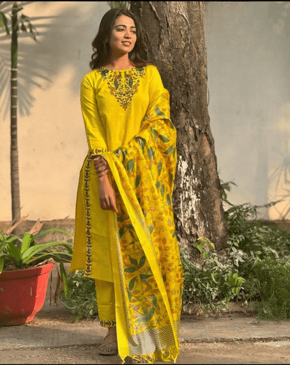 Pure cotton slub embroidered three piece kurti set - Eraya