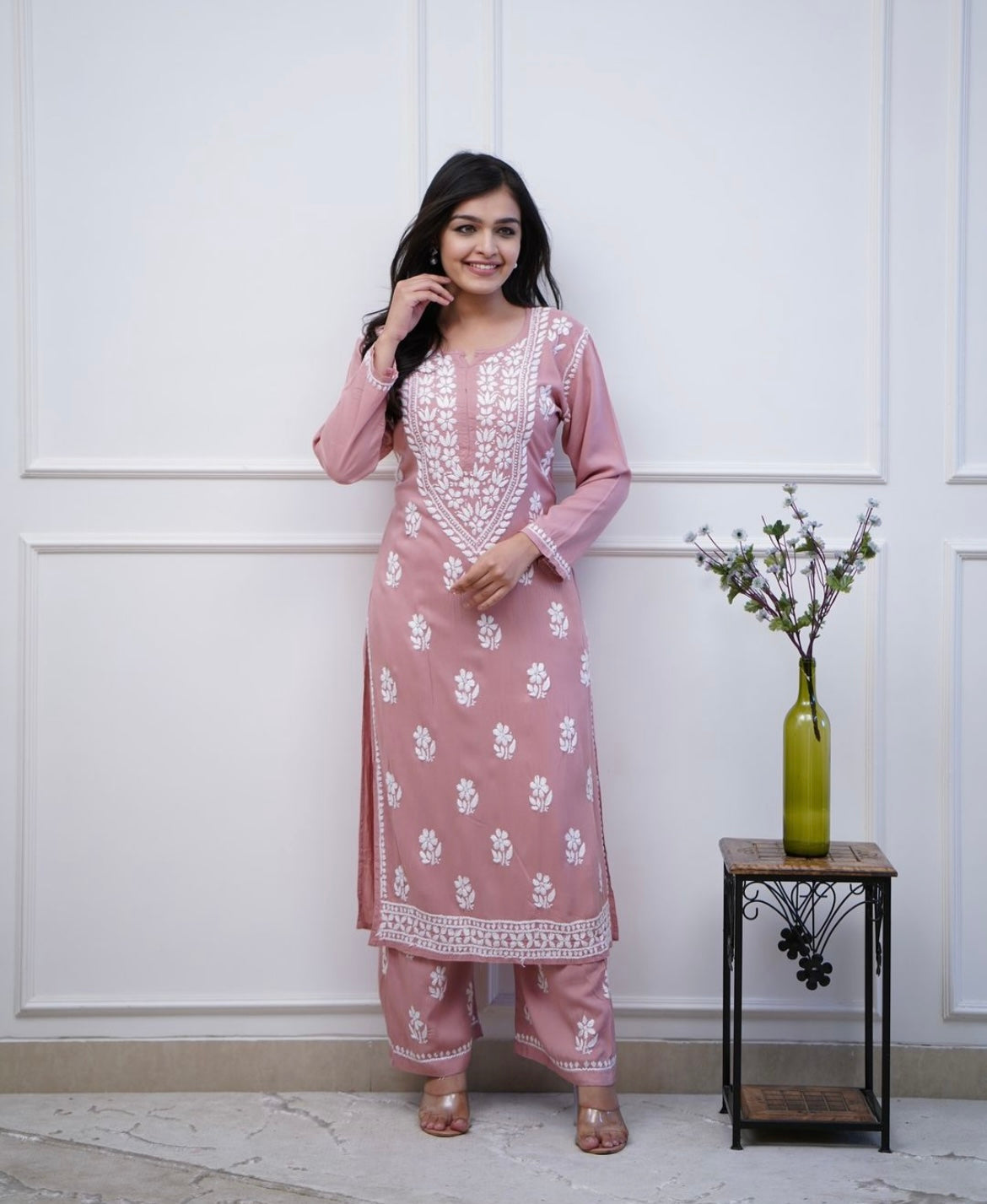 Heavy chikan work kurti-pant set (3 colours)