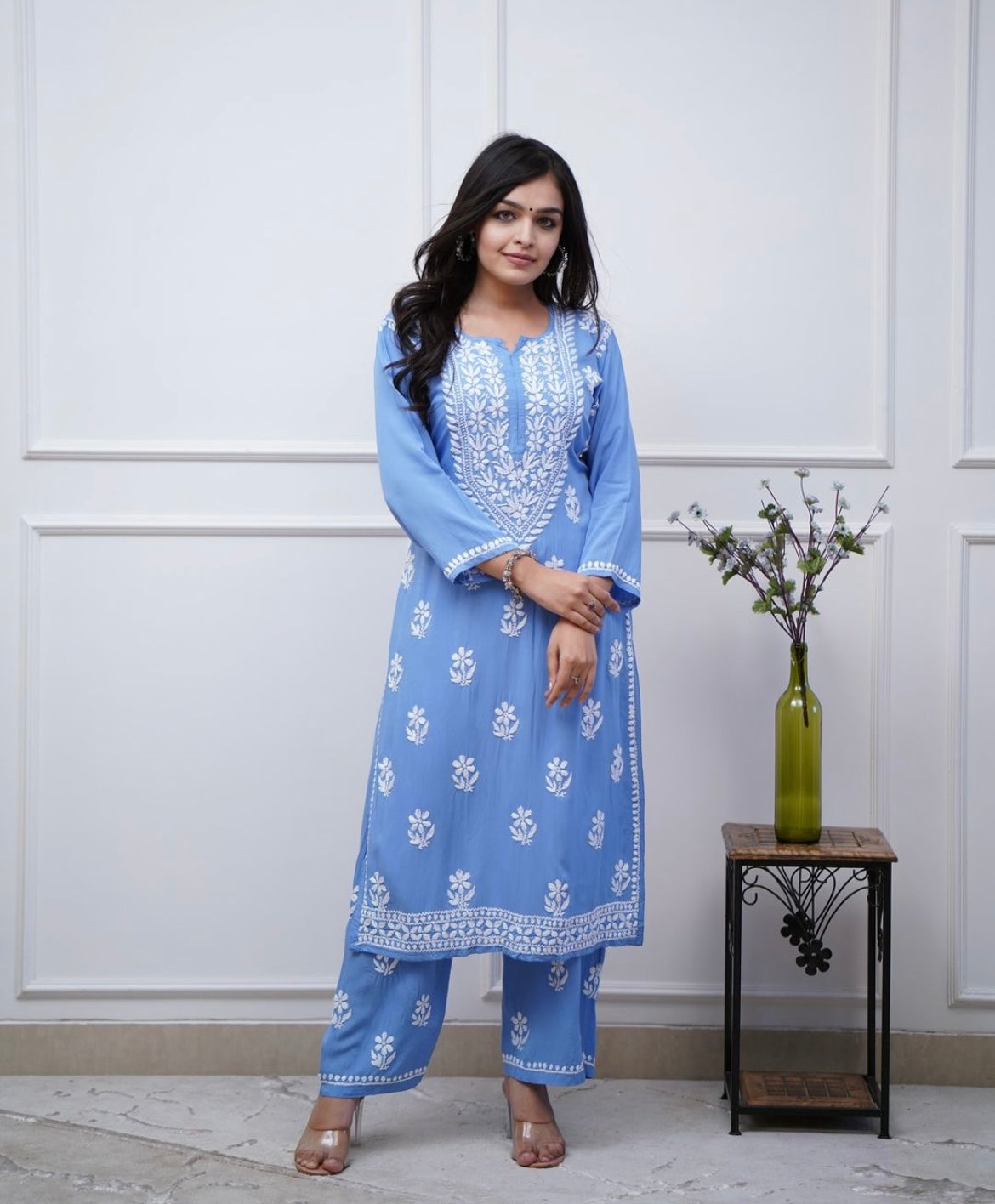 Heavy chikan work kurti-pant set (3 colours)