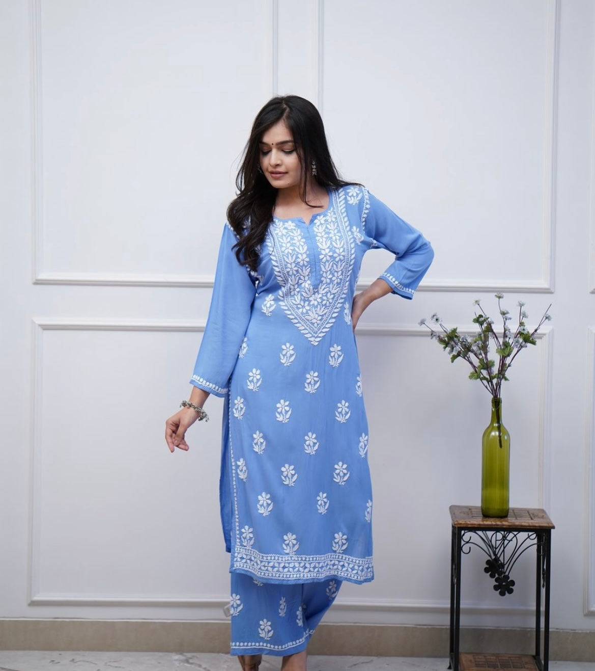 Heavy chikan work kurti-pant set (3 colours)