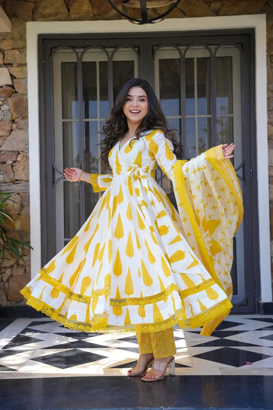 Beautiful printed anarkali kurti, cotton mulmul dupatta and pant set