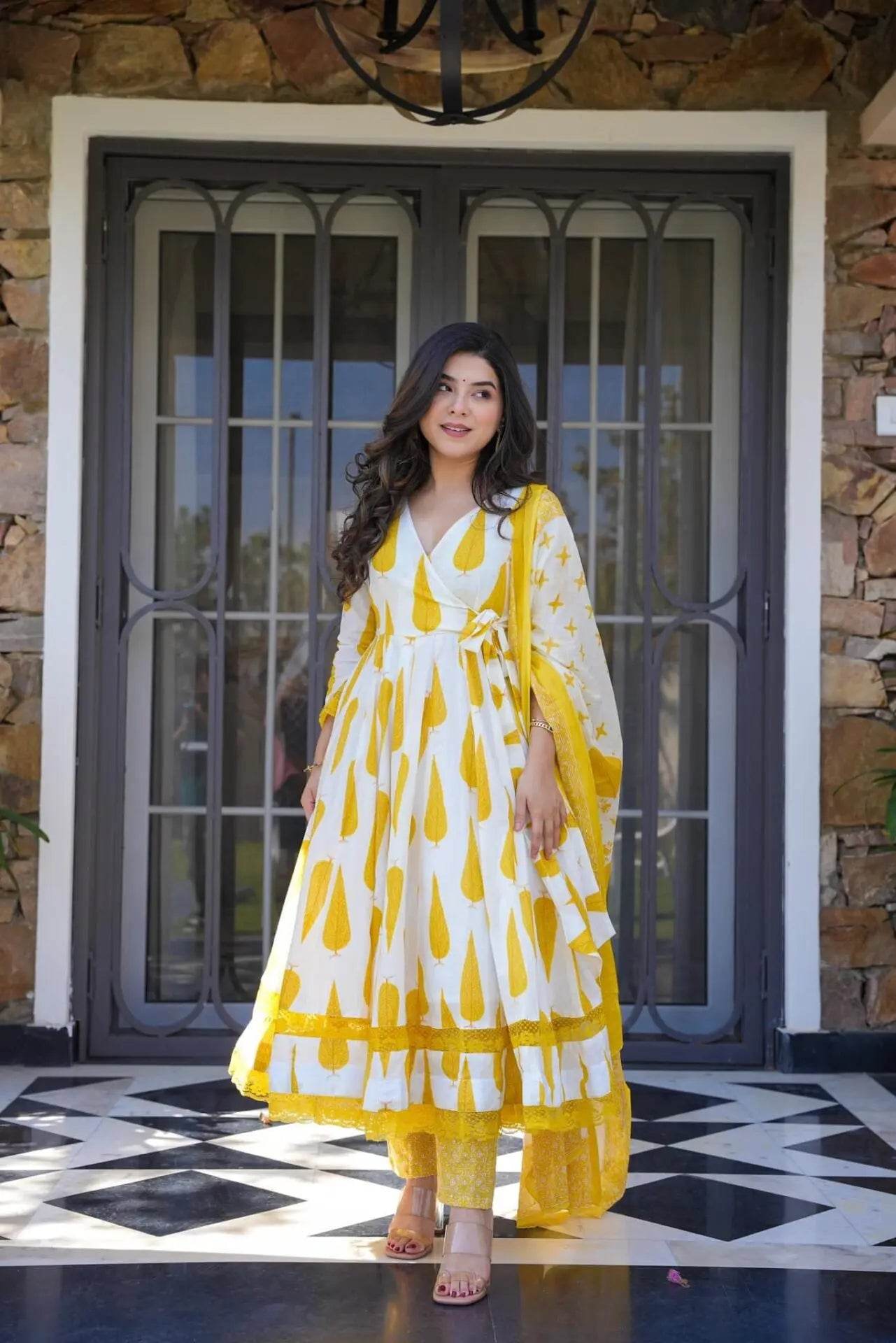 Beautiful printed anarkali kurti, cotton mulmul dupatta and pant set - Eraya