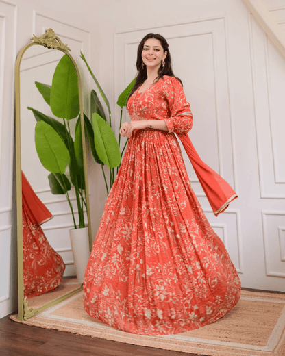 Royal orange chinon flared anarkali set - Eraya