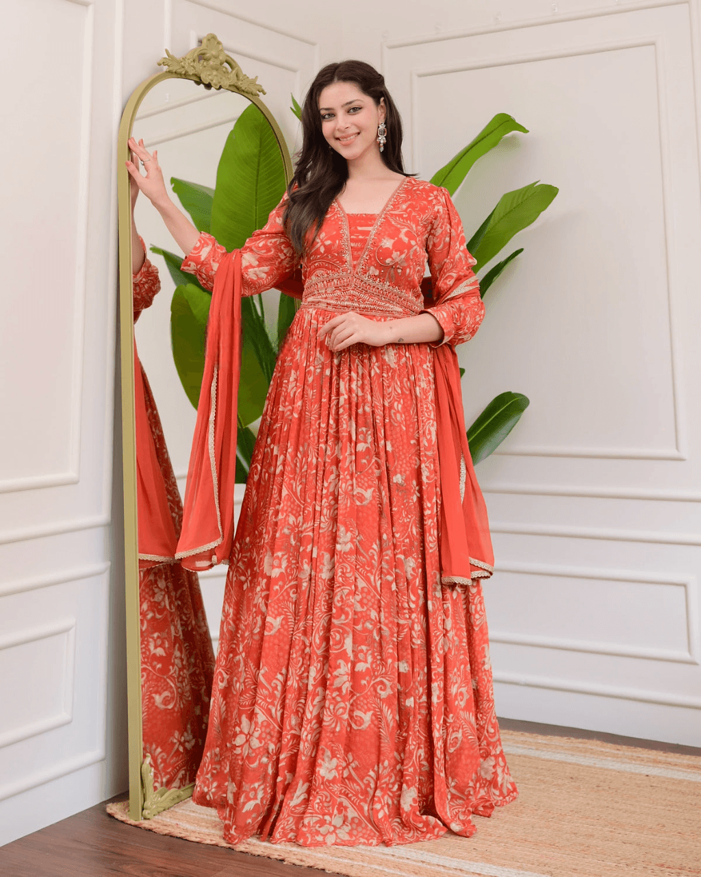 Royal orange chinon flared anarkali set - Eraya