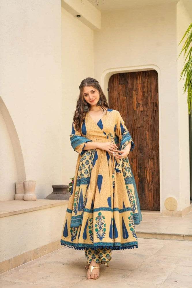 Blue leaf printed pure cotton anarkali kurti set - Eraya