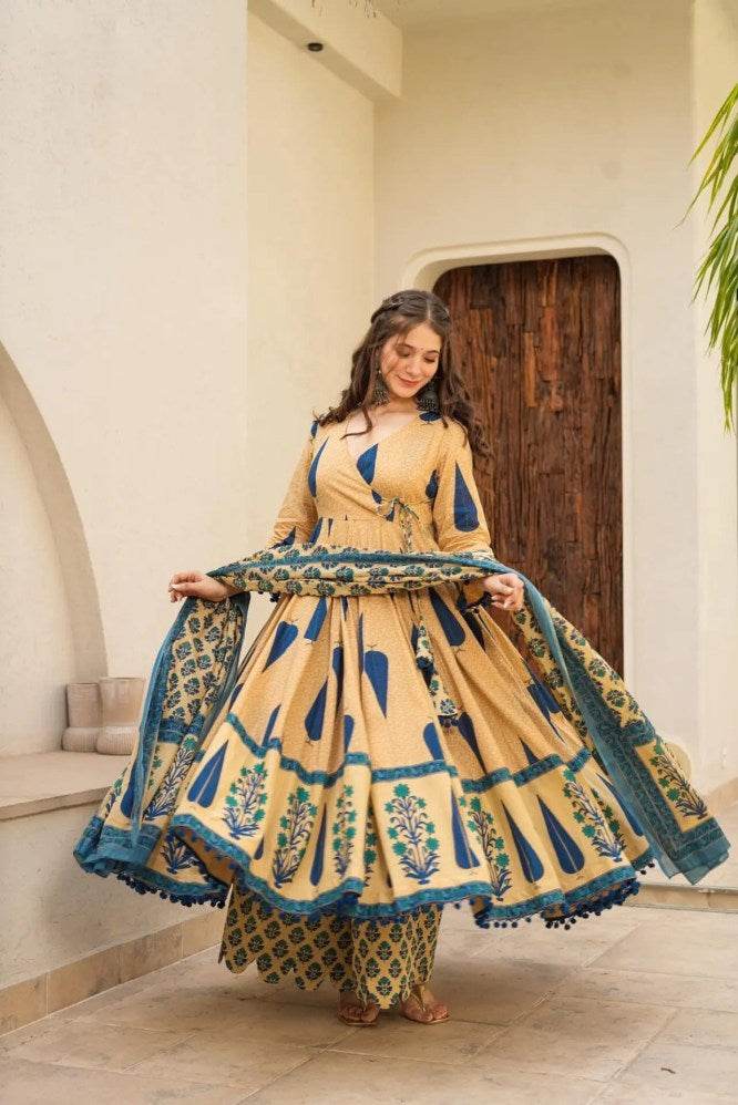 Blue leaf printed pure cotton anarkali kurti set - Eraya