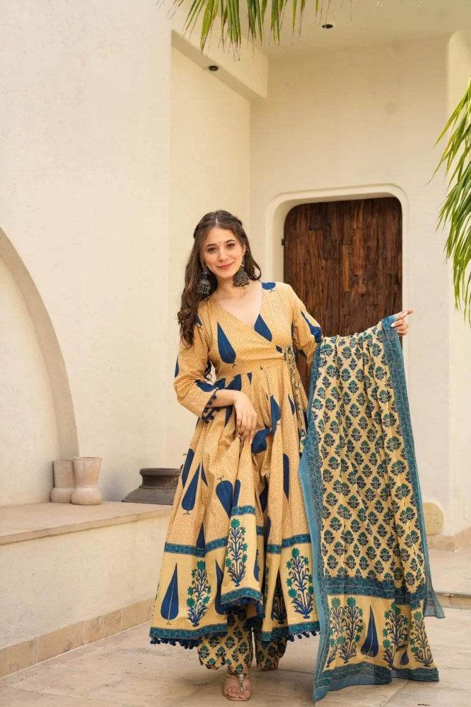 Blue leaf printed pure cotton anarkali kurti set - Eraya