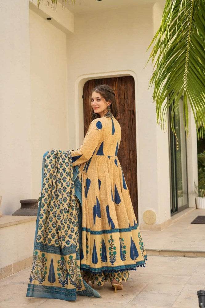 Blue leaf printed pure cotton anarkali kurti set - Eraya