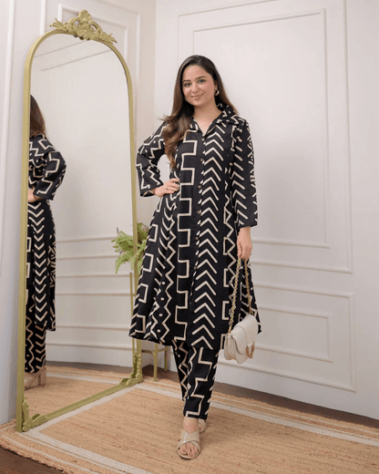 Black ivory geometric print cotton co-ord set - Eraya