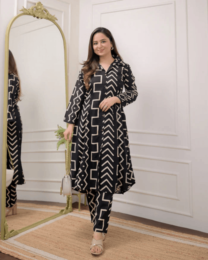 Black ivory geometric print cotton co-ord set - Eraya