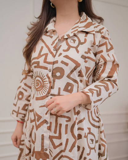 Ivory brown geometric pattern cotton co-ord set