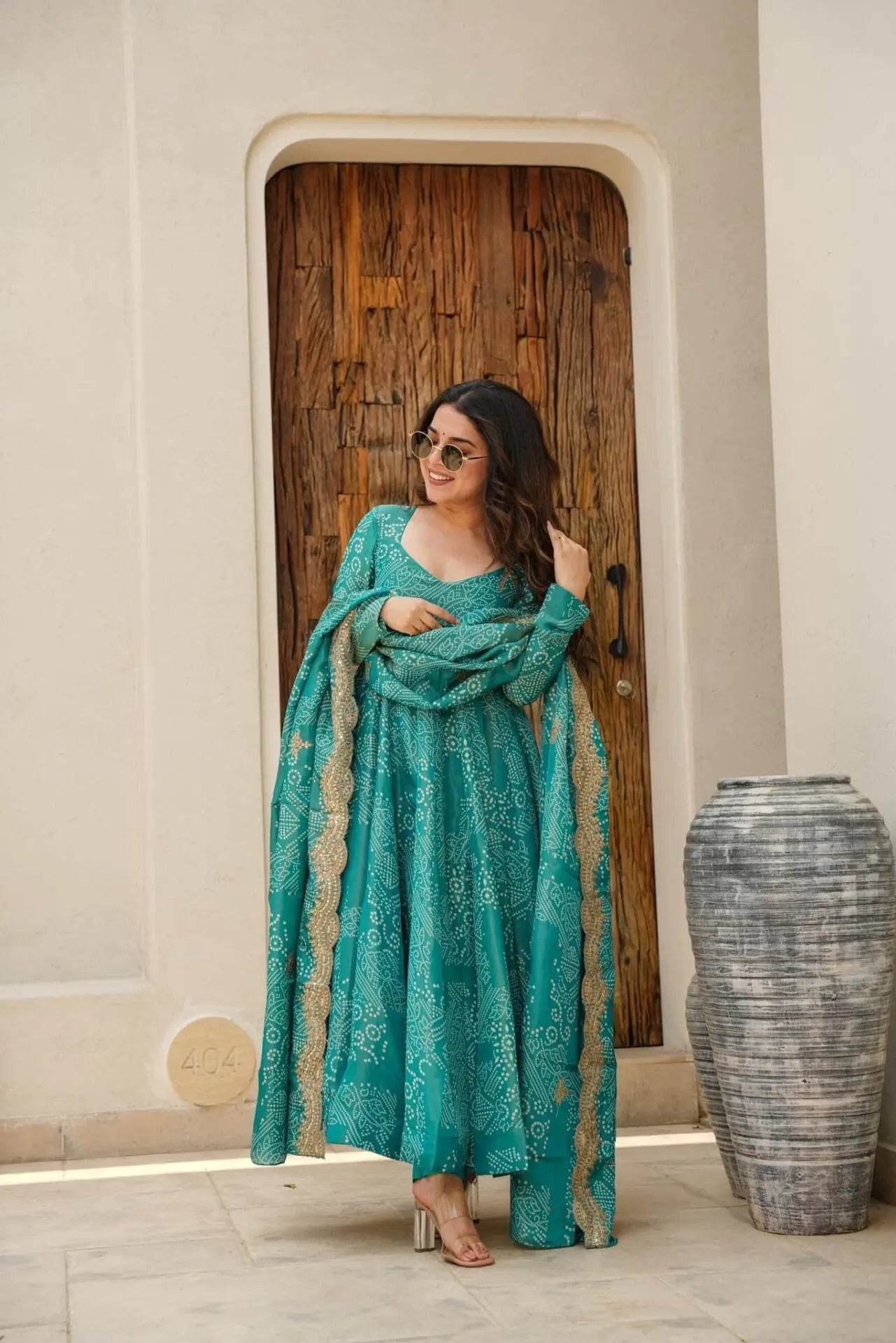 Classy green bandhani print three piece anarkali set - Eraya