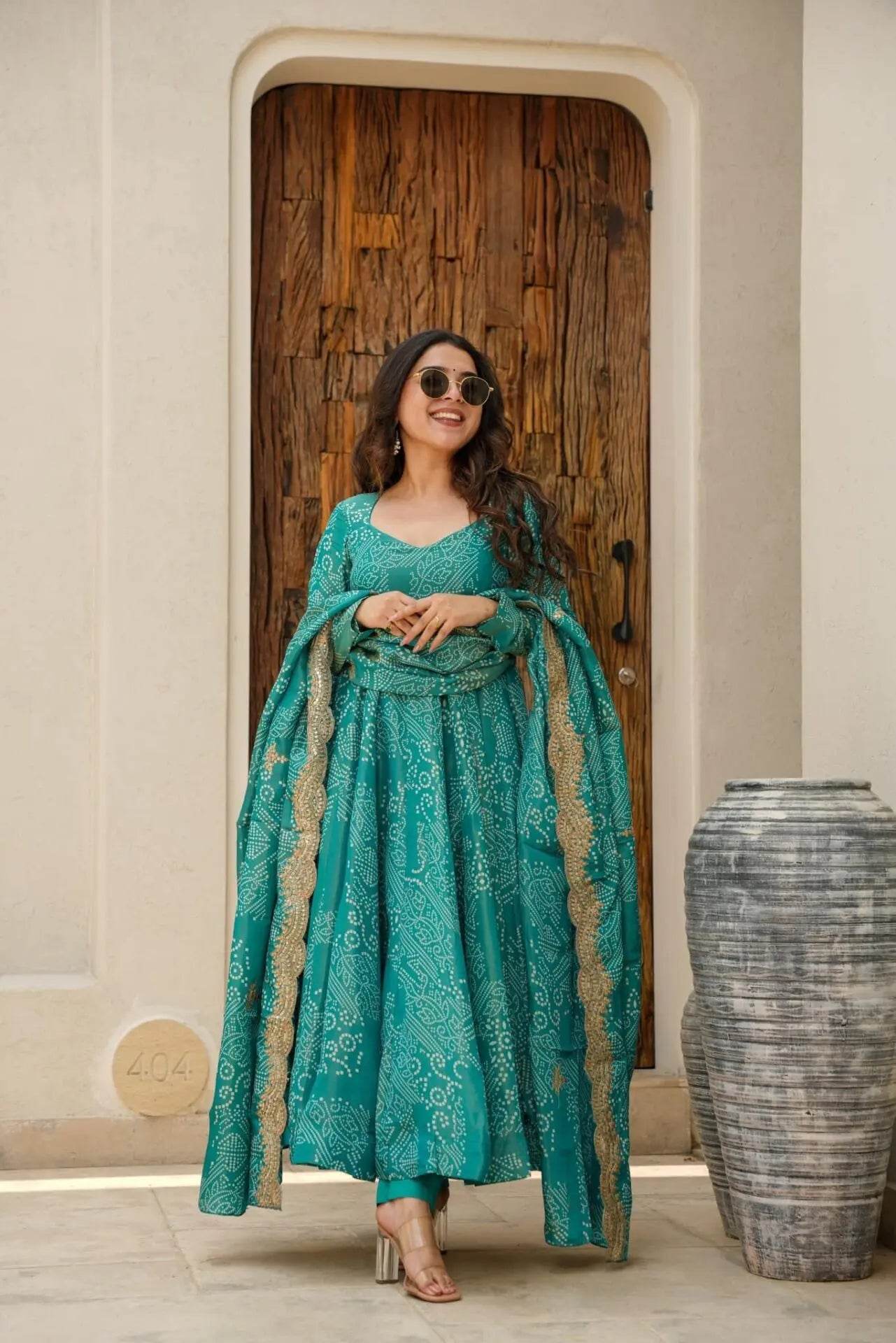 Classy green bandhani print three piece anarkali set - Eraya