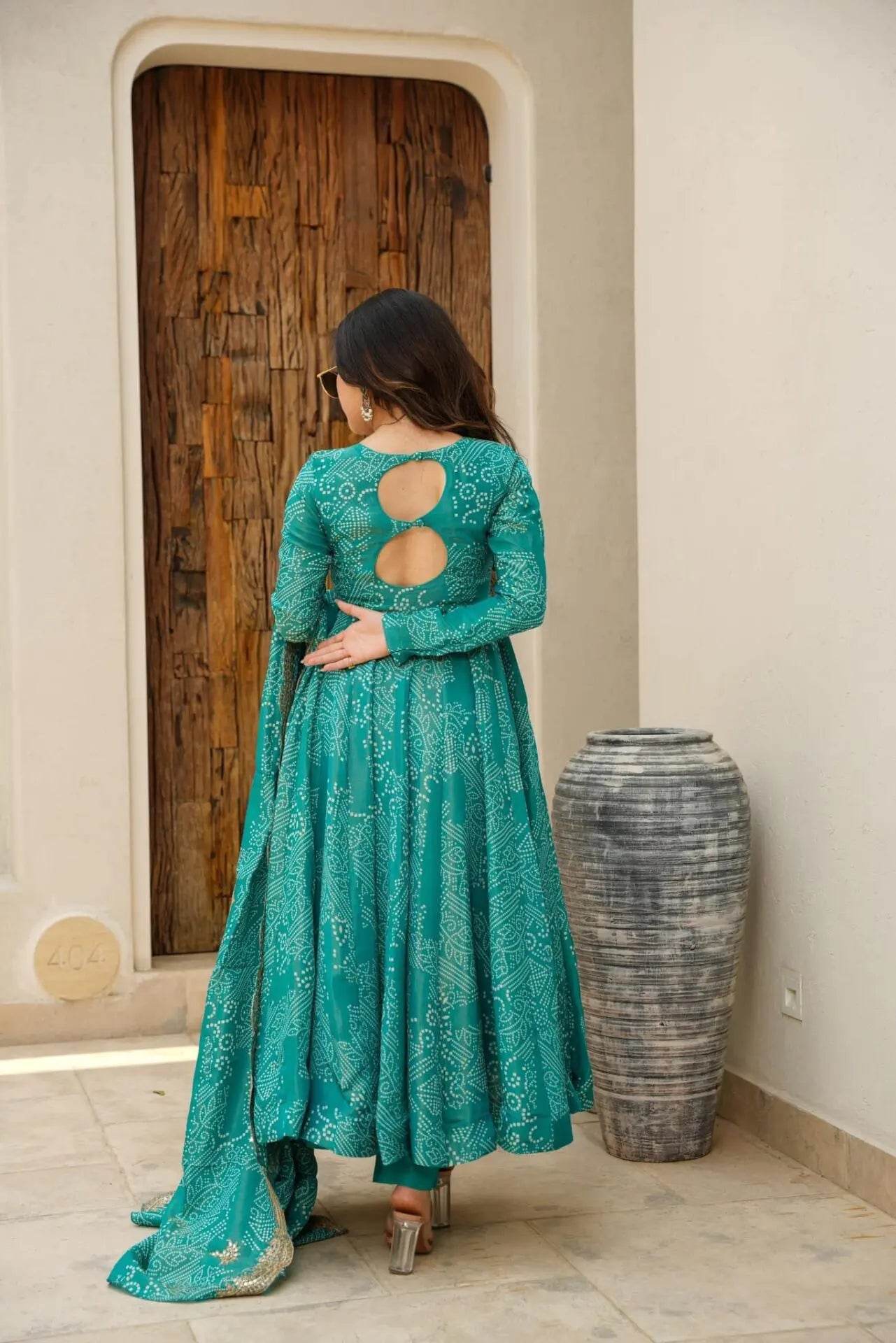 Classy green bandhani print three piece anarkali set - Eraya