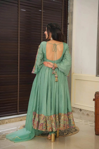 Sea green flared anarkali suit set - Eraya