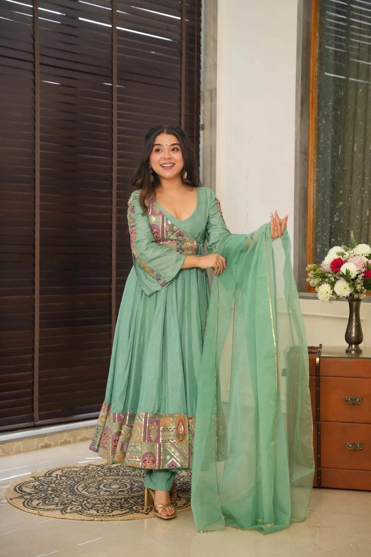 Sea green flared anarkali suit set - Eraya